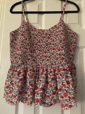 No Boundaries White Floral Smocked Peplum Cami with Red & Orange Flowers